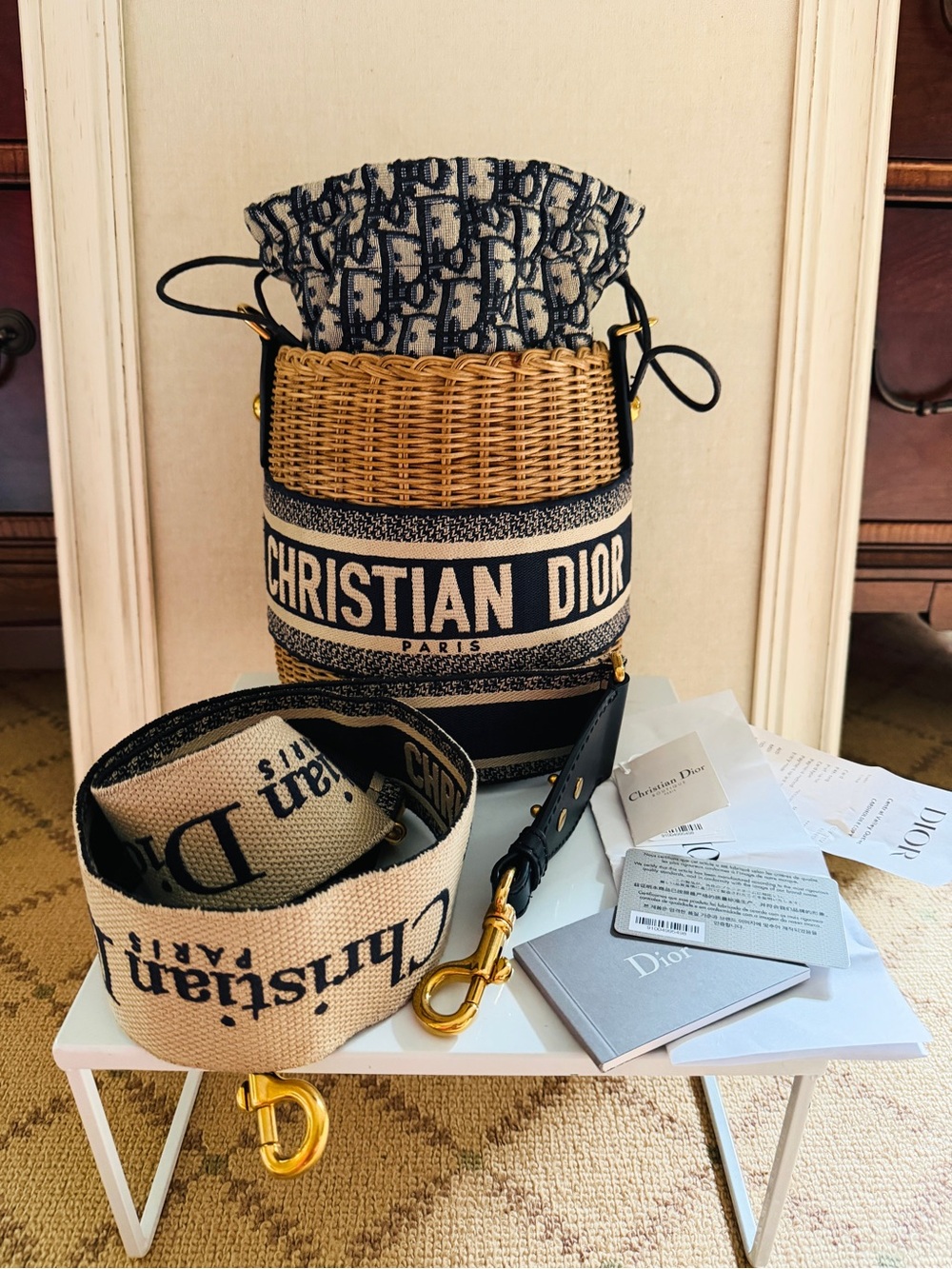 Christian Dior Oblique Wicker Raffia Bucket Shoulder Bag NWT